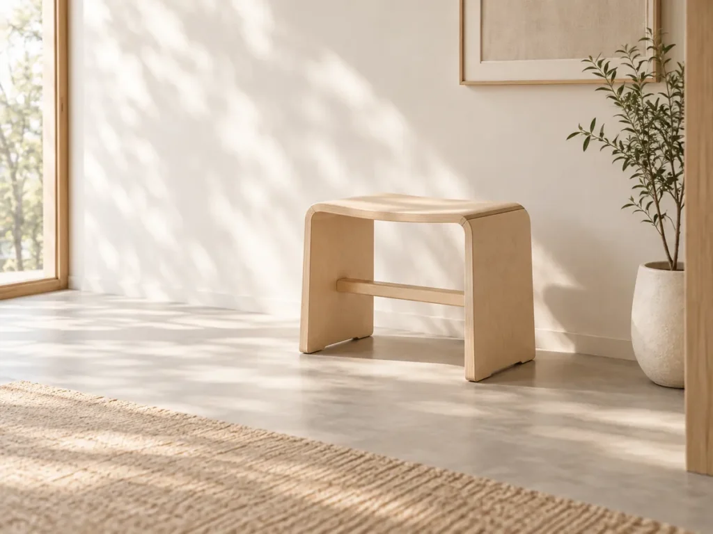 Ghế đôn gỗ đặt cạnh cửa sổ sáng